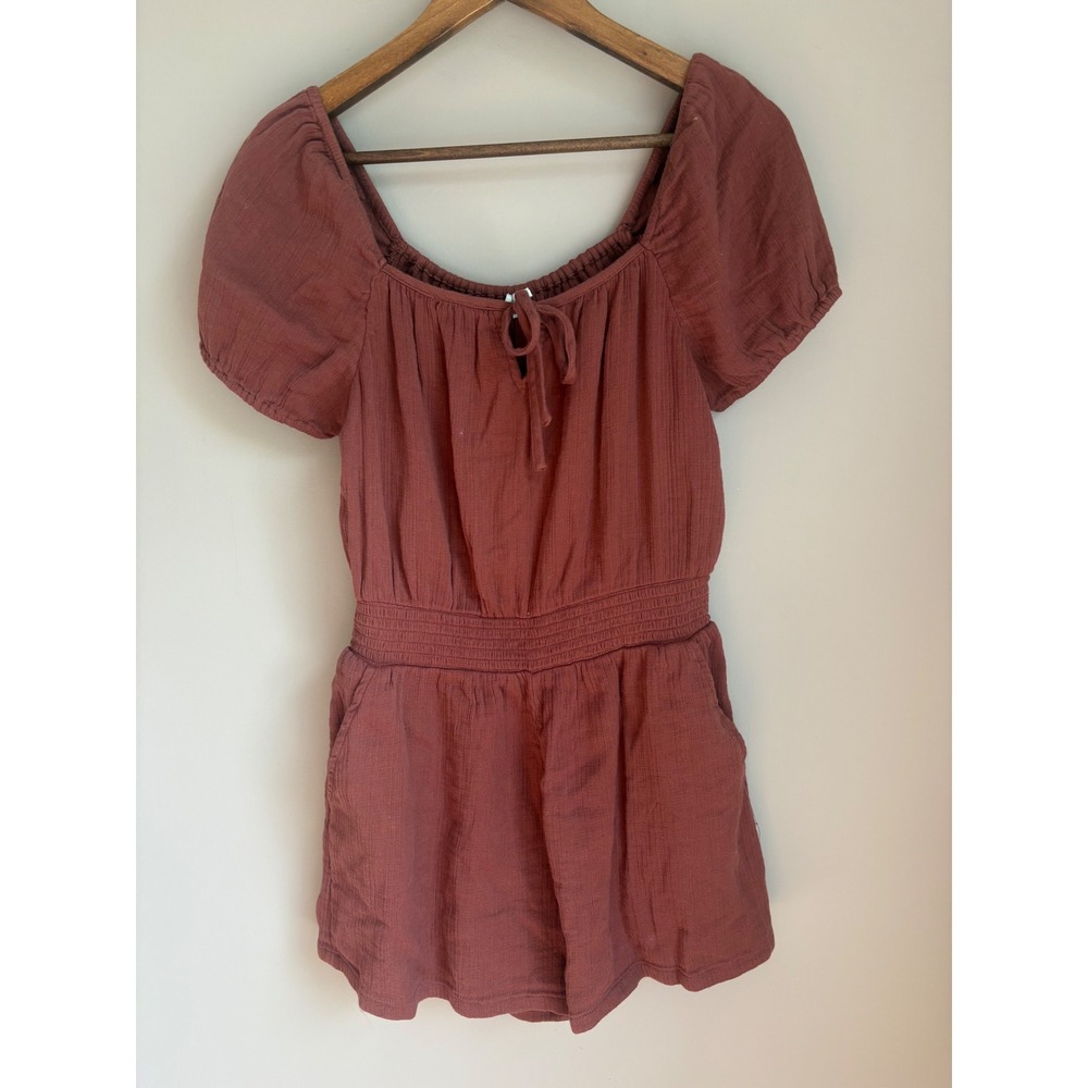 Aerie Cotton Gauze Romper Rust Terracotta Smocked Waist Puff Sleeve Small